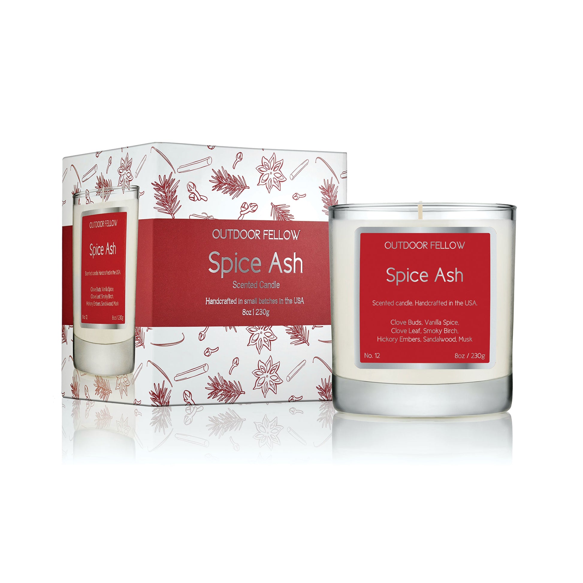 Spice Ash scented candle and carton on white background