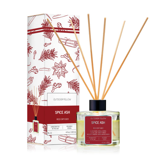 Spice Ash reed diffuser and packaging on white background