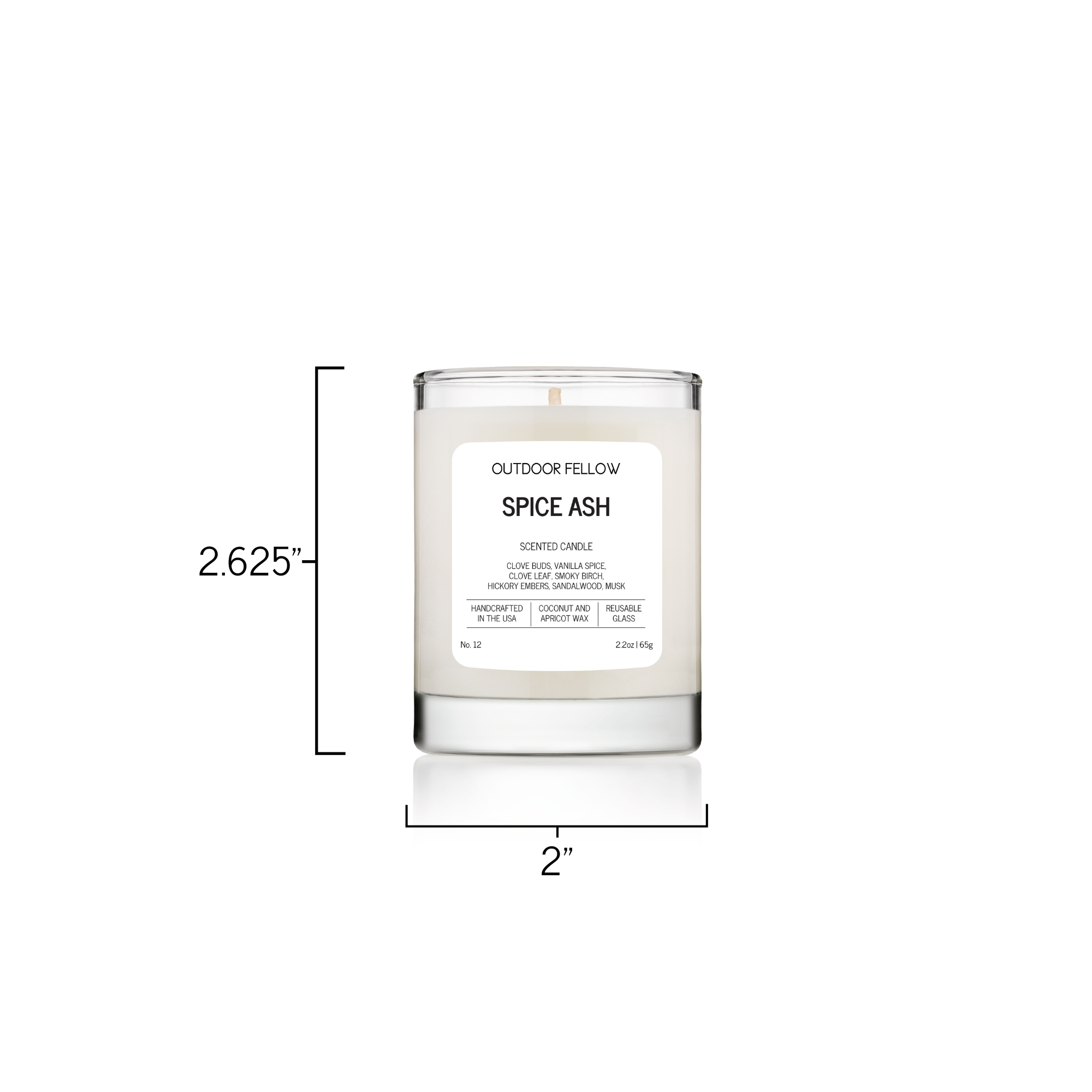 Outdoor Fellow Spice Ash 2.2oz candle with white label, showing product dimensions of 2 inches wide and 2.625 inches tall.