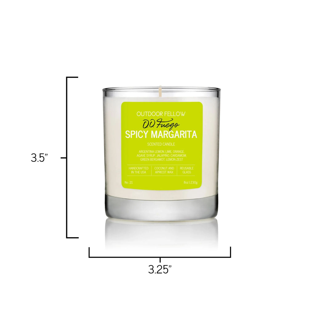 Candle with a spicy margarita label and dimensions of 3.5" in height and 3.25" in circumference on white background. 