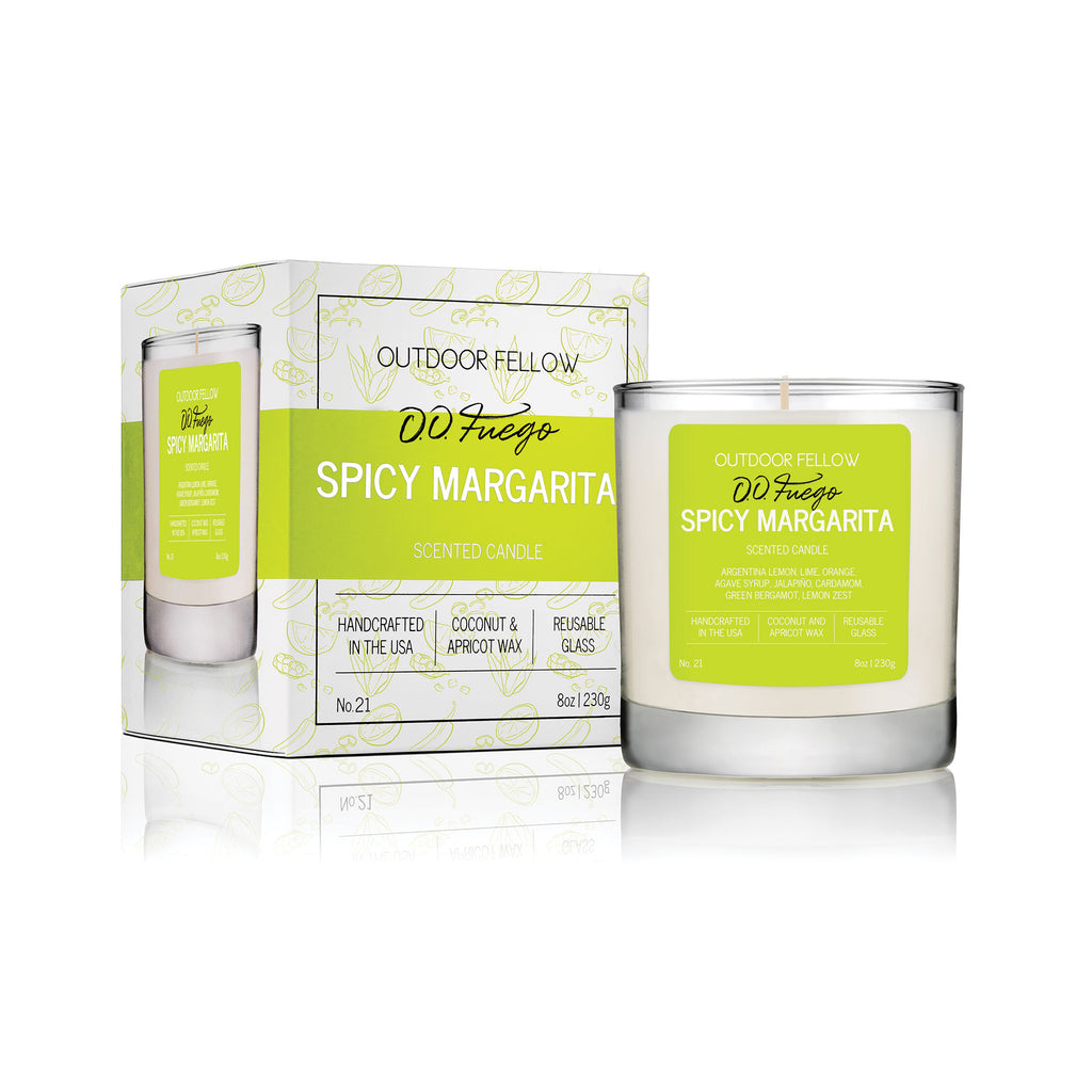 Spicy Margarita scented candle by Outdoor Fellow with packaging on a white background