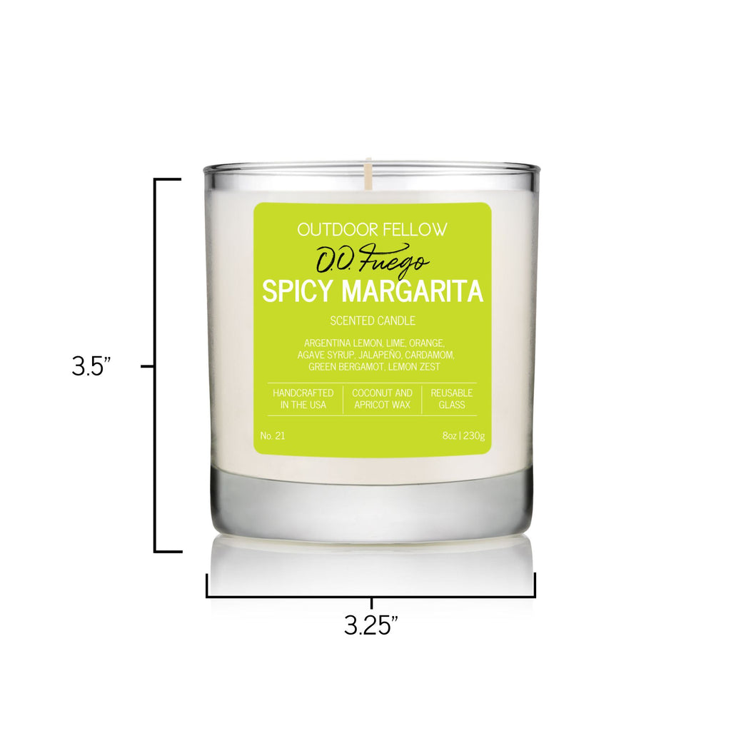 Outdoor Fellow Spicy Margarita candle with dimensions on a white background