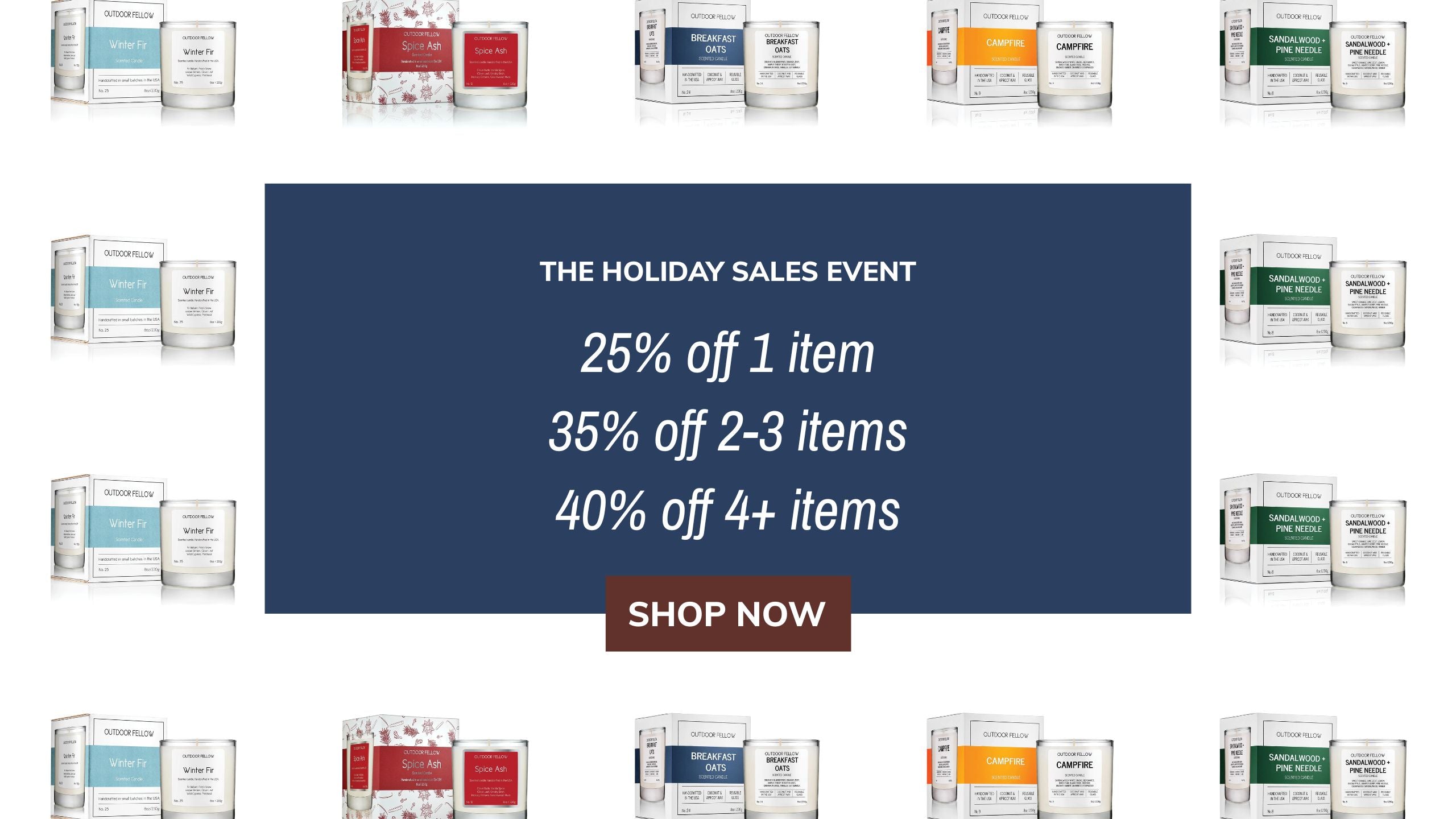 Promotional banner for holiday sales event with product images and discount information. 25% off 1 item, 35% off 2-3 items, 40% off 4 or more items. 
