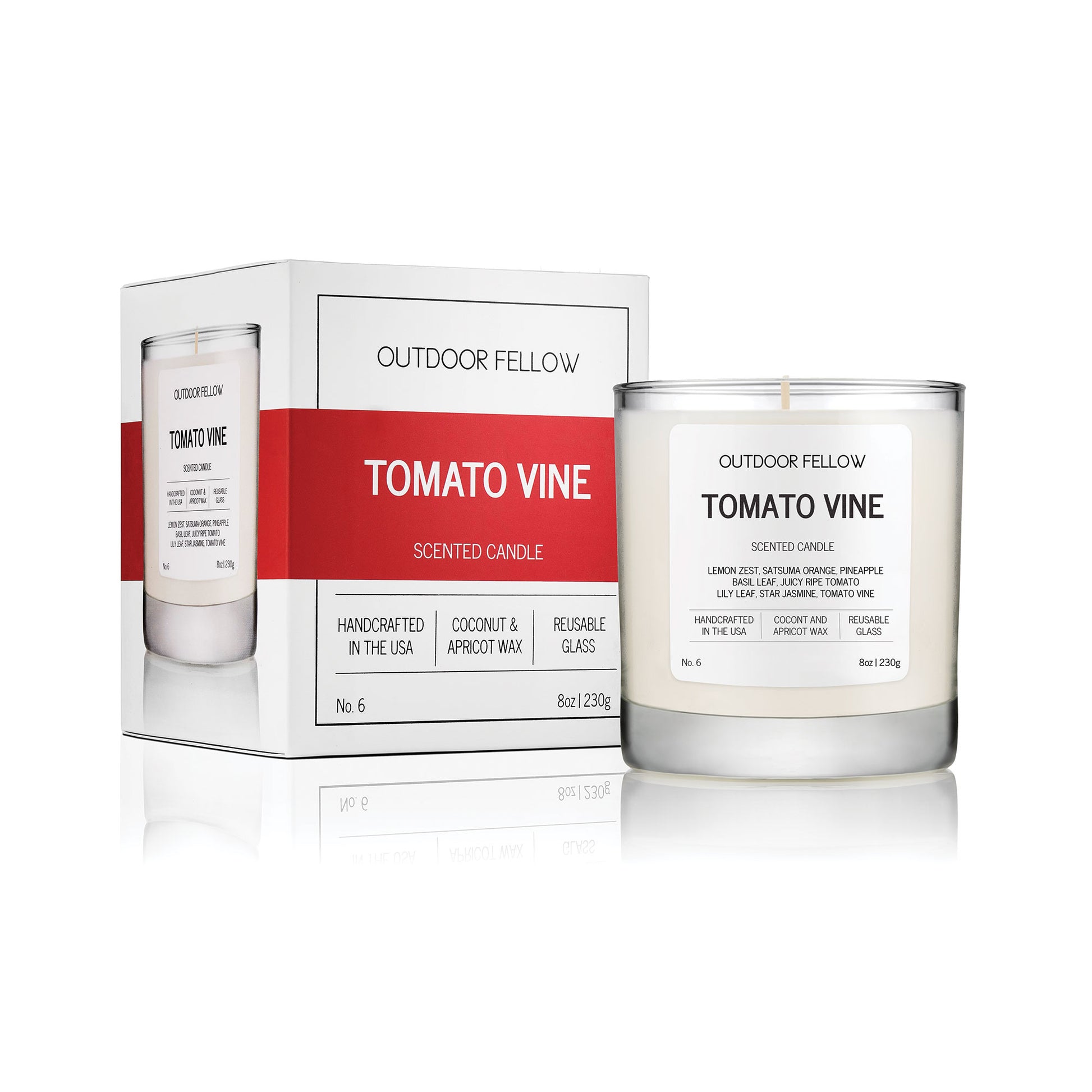 Tomato Vine scented candle and carton on white background