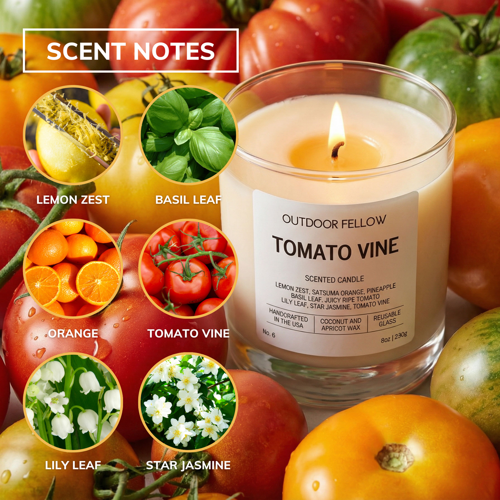 Candle labeled 'Tomato Vine' with scents notes on a background of tomatoes and herbs