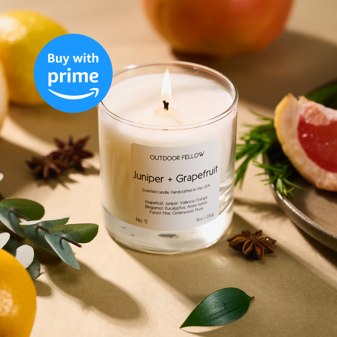 Juniper and Grapefruit candle with the Amazon Buy with Prime badge