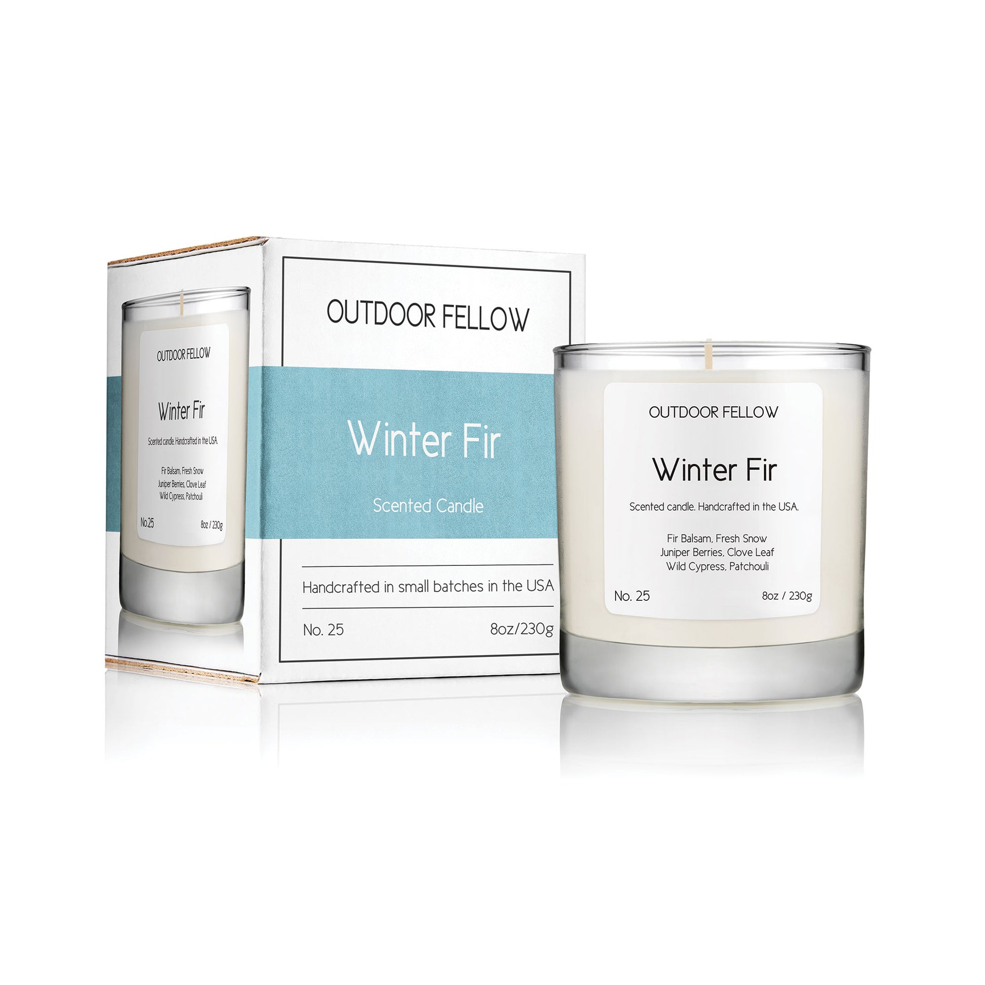 Winter Fir scented candle next to carton