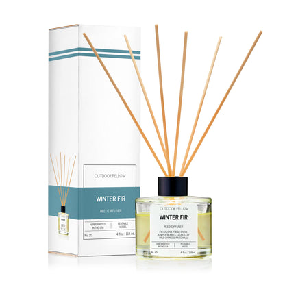 Winter Fir reed diffuser and packaging on a white background