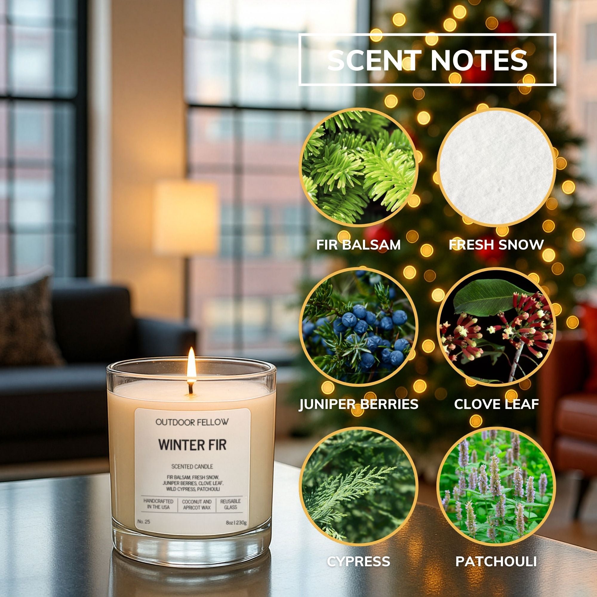 Outdoor Fellow Winter Fir candle with scent notes infographic showing fir balsam, fresh snow, juniper berries, clove leaf, cypress, and patchouli.