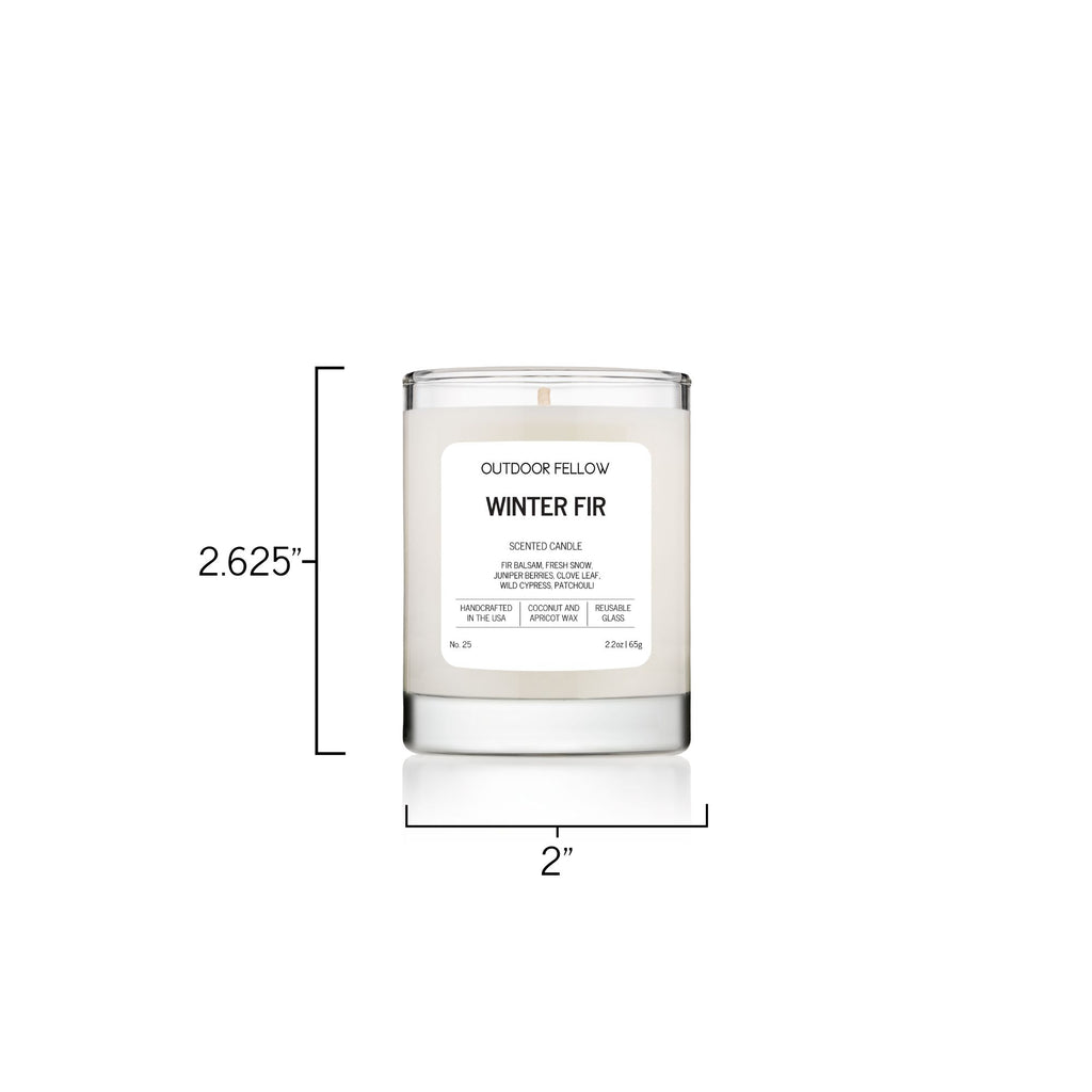 Winter Fir 2.2oz scented candle is 2.625 inches tall and has a diameter of 2 inches