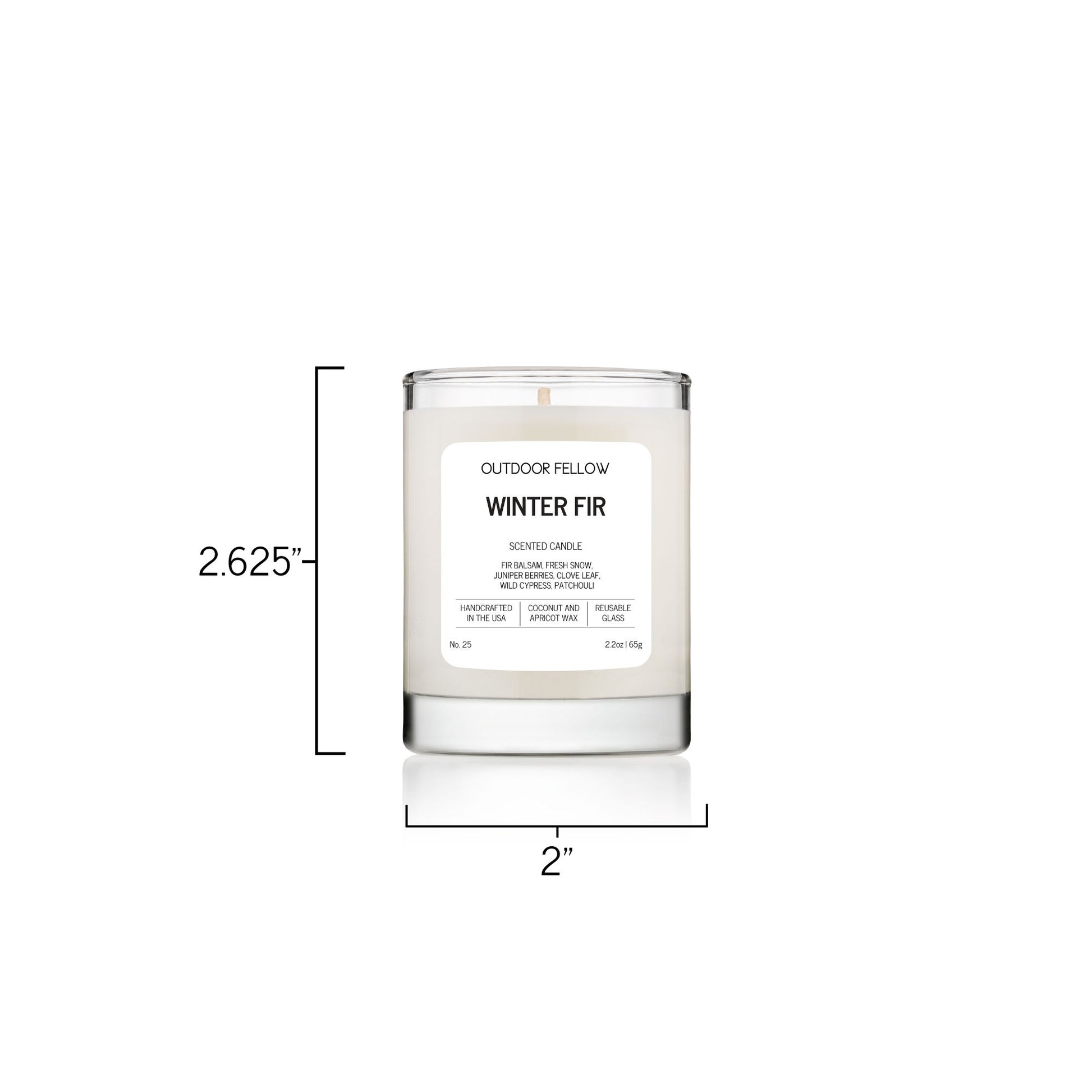 Winter Fir 2.2oz scented candle is 2.625 inches tall and has a diameter of 2 inches