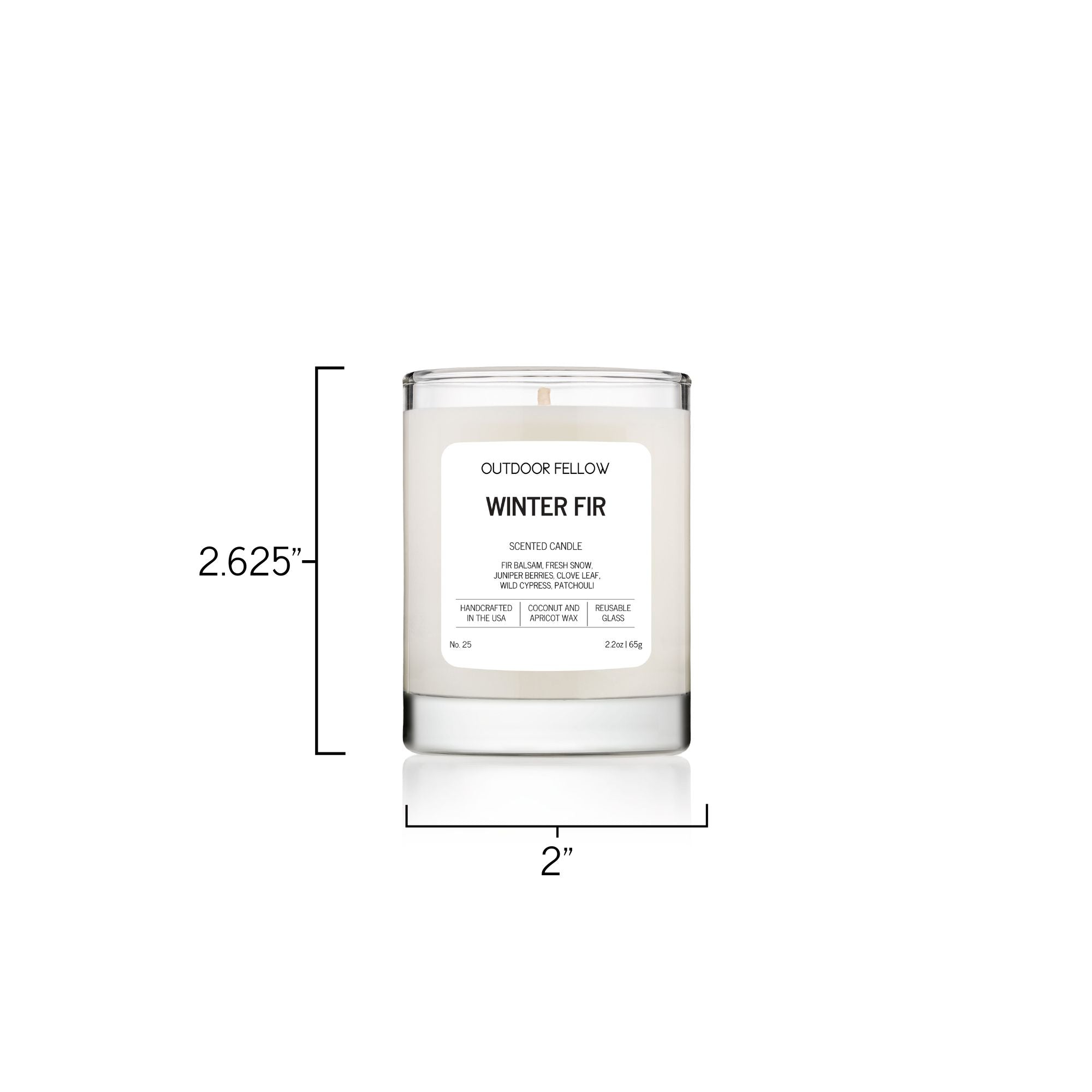 Winter Fir 2.2oz scented candle is 2.625 inches tall and has a diameter of 2 inches