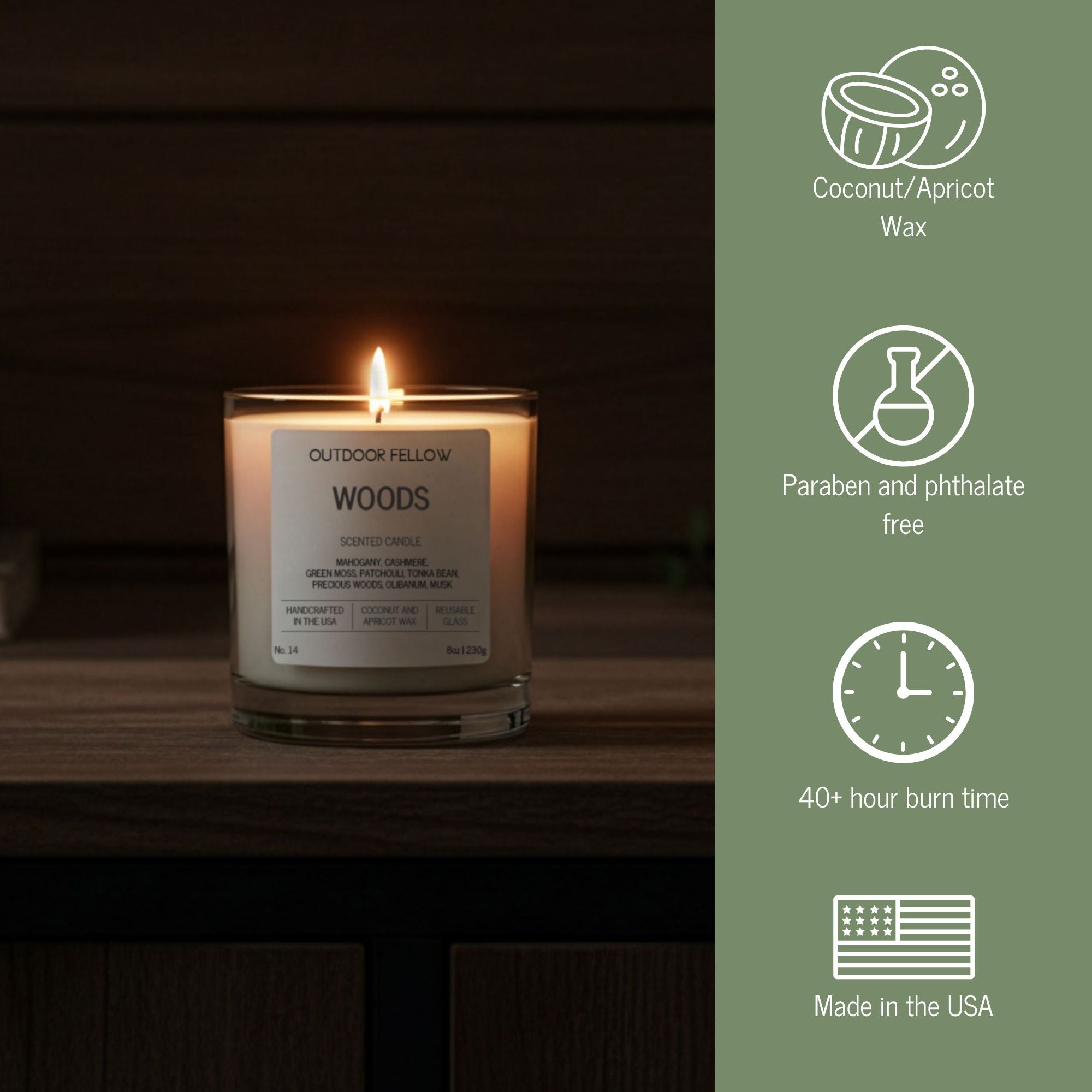 Candle labeled 'Woods' with product details on a green sidebar