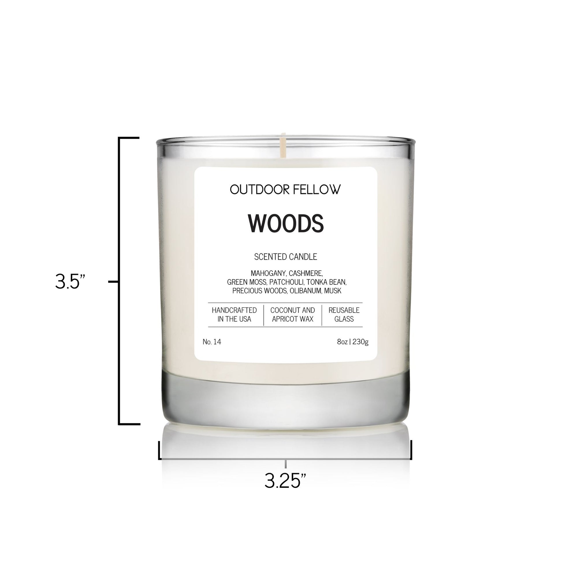 Woods scented candle measurements are 3.25 inches in diameter and 3.5 inches tall