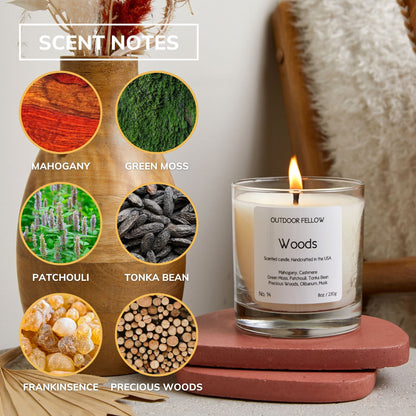 Scent notes include mahogany, green moss, patchouli, tonka bean, frankinsence, precious woods