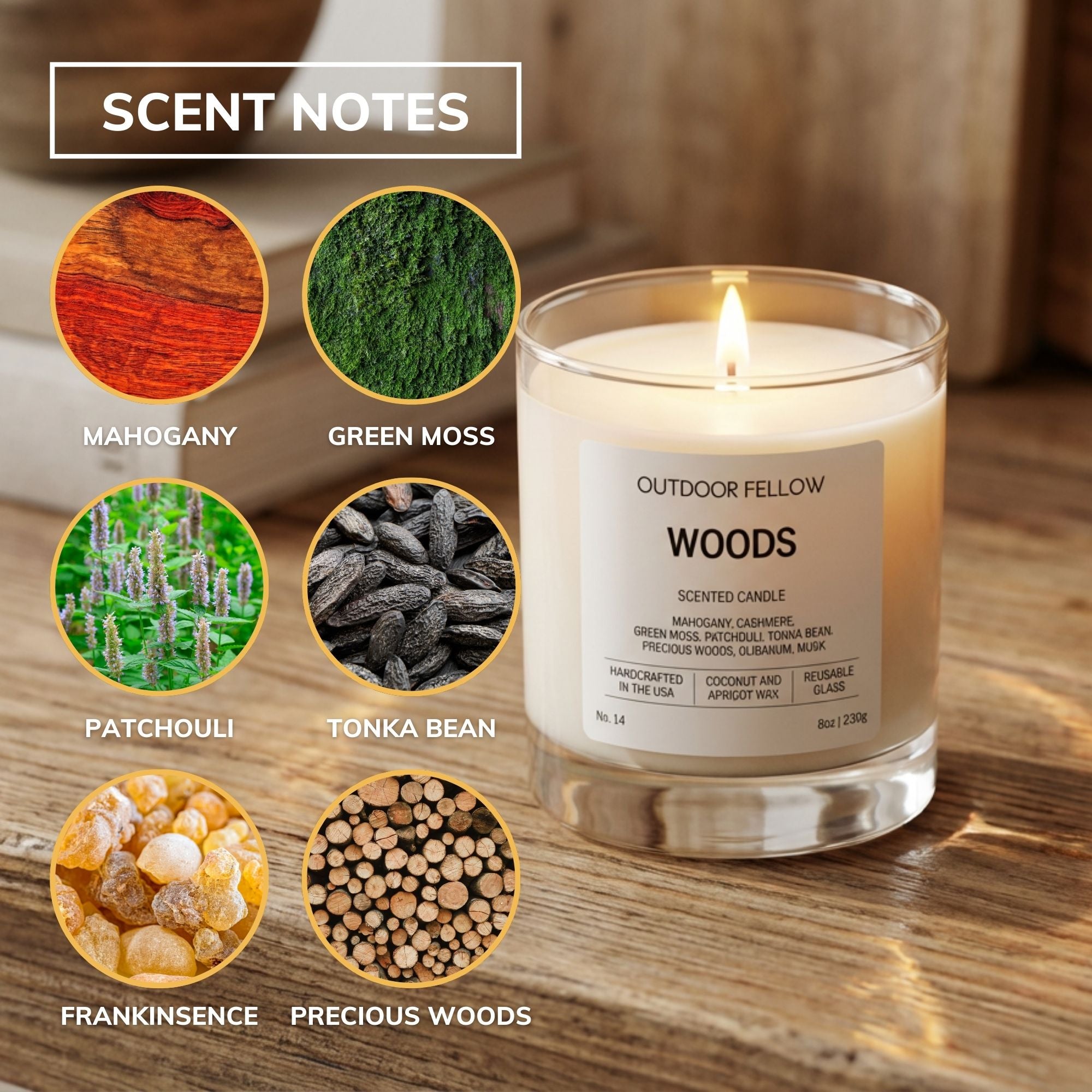 Scent notes include mahogany, green moss, patchouli, tonka bean, frankinsence, precious woods