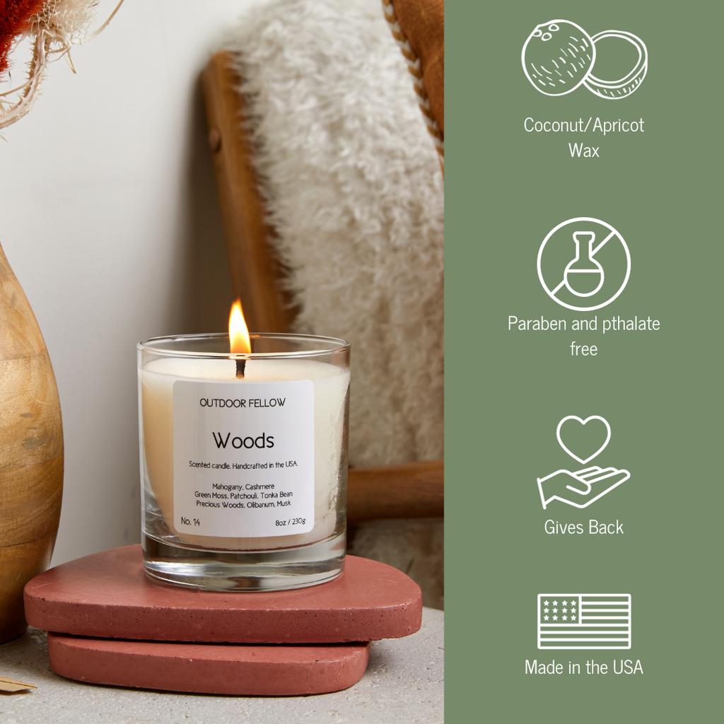 Woods candle infographic that lists out coconut and apricot wax, paraben and pthalate free, gives back and made in the USA