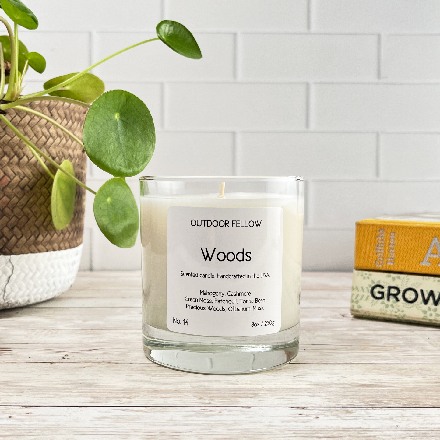 Woods scented candle on a wood surface in front of a plant and books