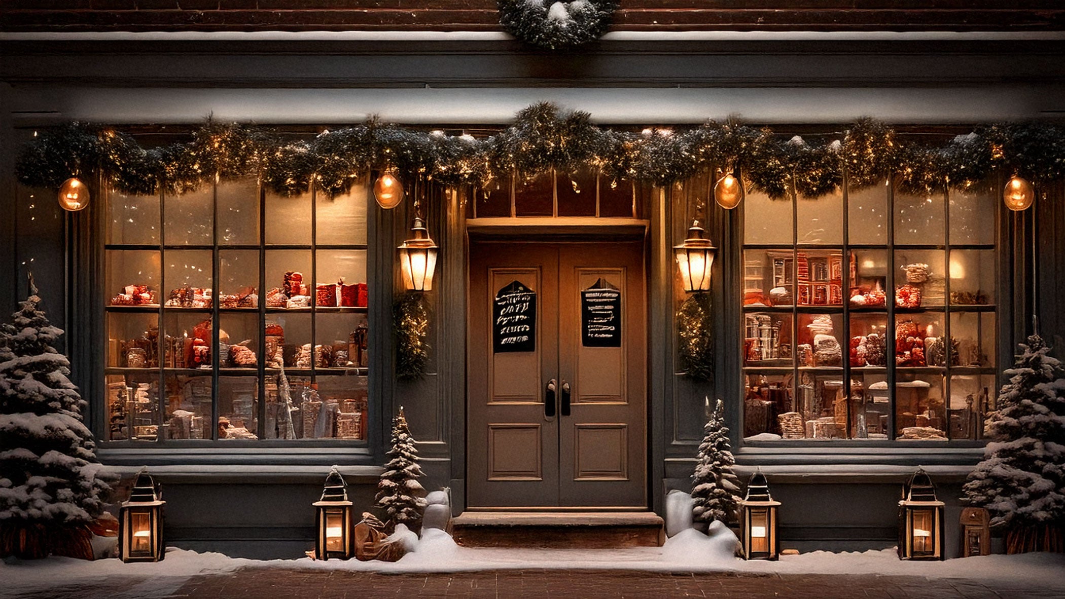 AI generated image of a cozy holiday store front. 