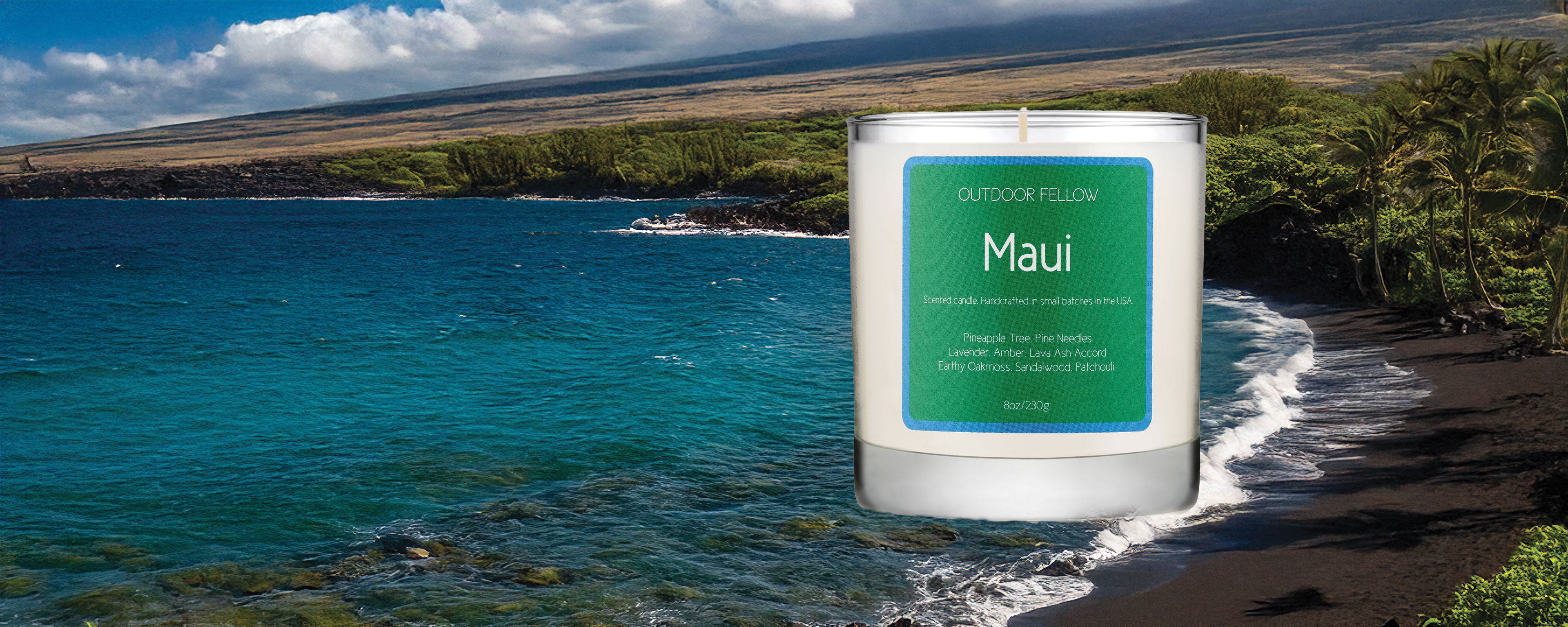 Maui black sand beach in background with a Maui scented candle layered on top. 