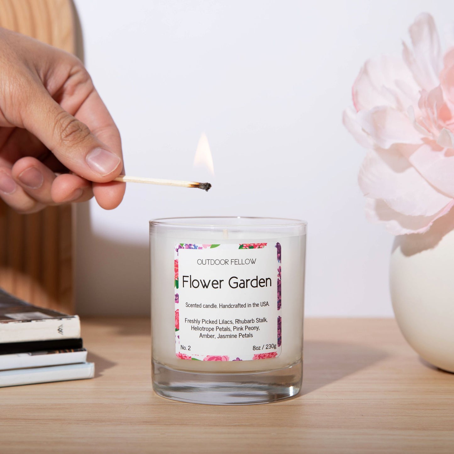 Flower Garden scented candle about to be lit