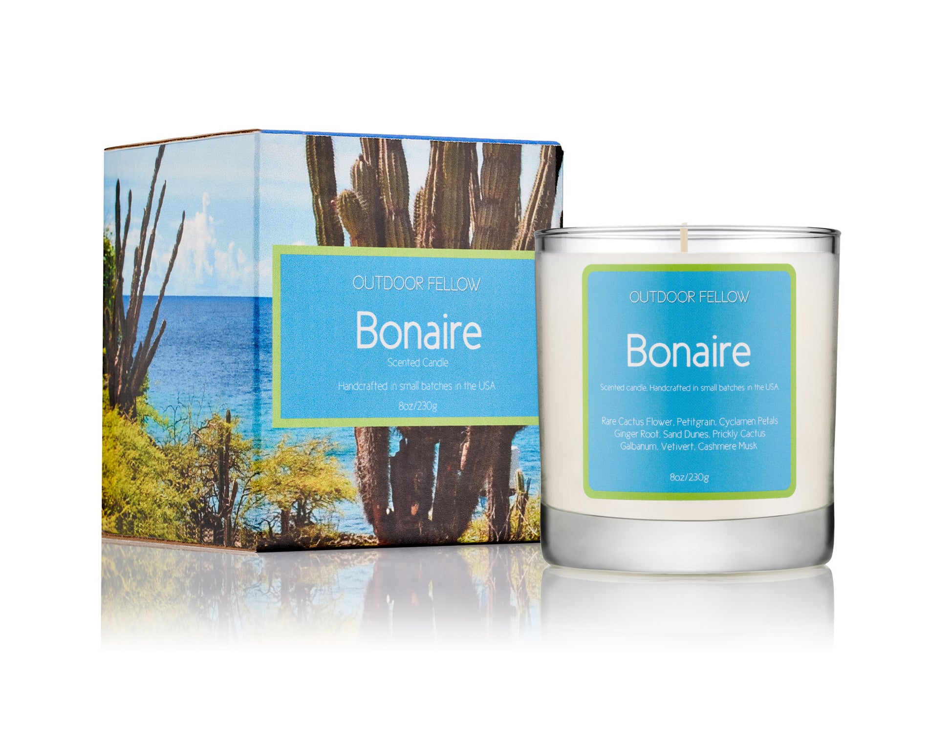 Bonaire scented candle next to packaging on white background