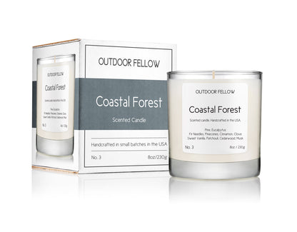 Coastal Forest scented candle next to packaging on white background