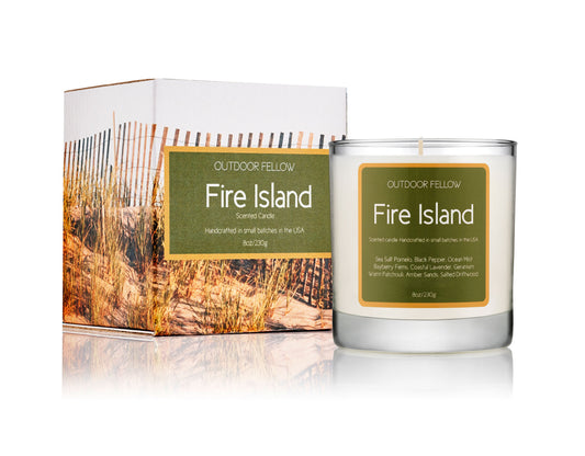 Fire Island scented candle and package on white background