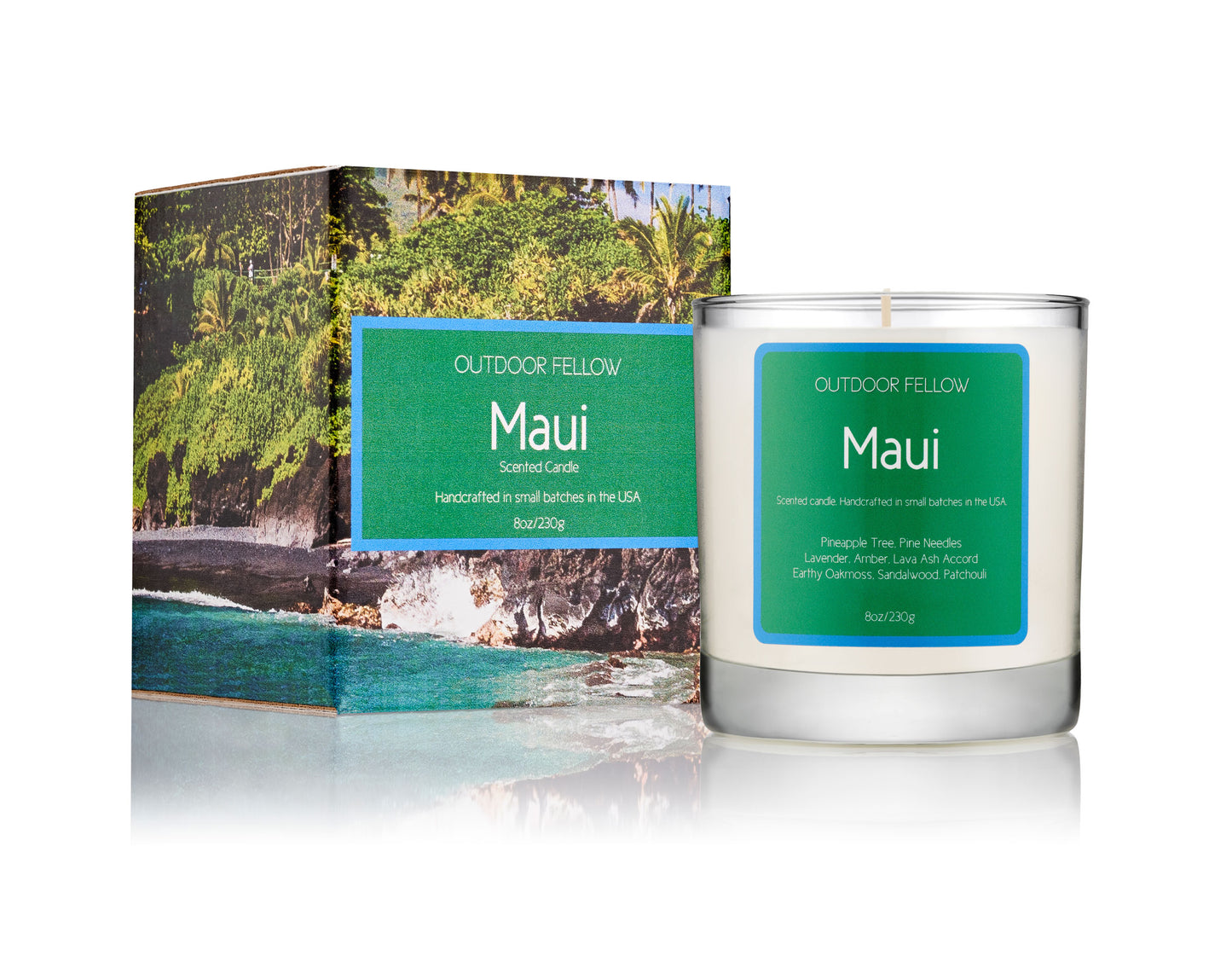 Maui scented candle next to packaging on white background