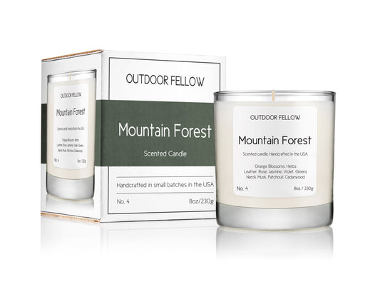 Mountain Forest scented candle next to packaging on white background