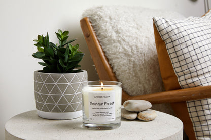 Mountain Forest candle on a side table with plants and rocks
