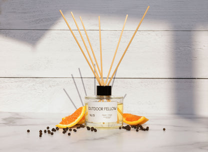No.19 Pepper + Orange reed diffuser next to orange slices and peppercorns