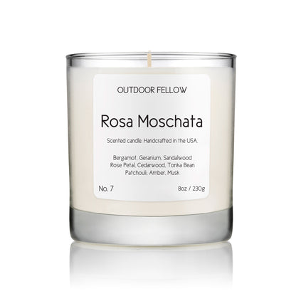 Rosa Moschata scented candle on white background