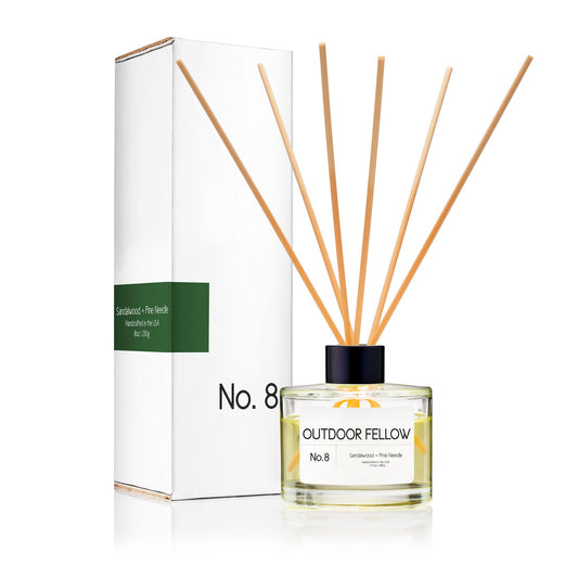 No.8 Sandalwood + Pine Needle reed diffuser and packaging